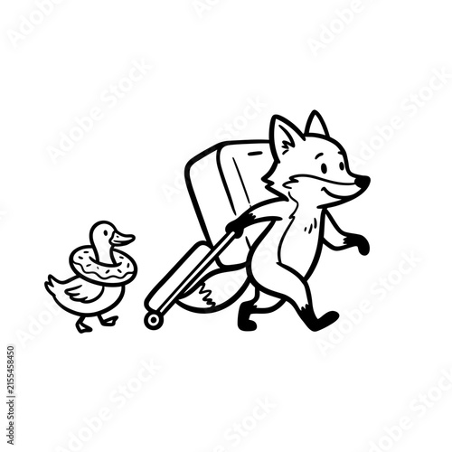 Traveling fox with bag and duckling companion.
