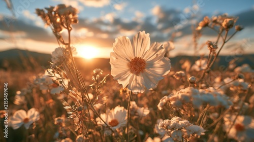 Field of white flowers at sunset