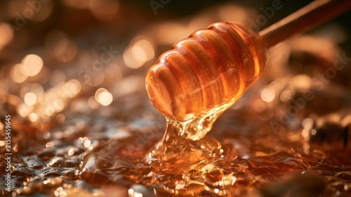 Golden honey dripping from wooden dipper