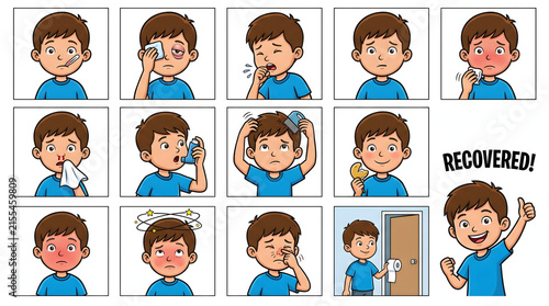 Cartoon boy experiencing various common health symptoms and his journey to being recovered
