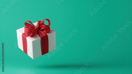 A white gift box wrapped with a red ribbon and bow is set against a teal background.