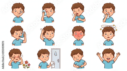 Little boy character showing various health symptoms and common childhood illnesses cartoon set