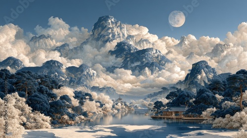 Serene mountain landscape with a lake and traditional building