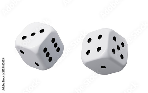 White dices with black dots set. Pipped dices with rounded corners.Die for casino craps, table or board game. 3d rendering.