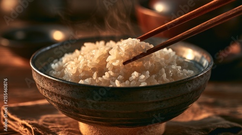 Steaming bowl of rice with chopsticks