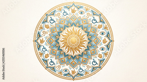 Inclusive mandala illustration featuring symbolic icons representing accessibility diversity equality and universal unity circular design element with central radiant sun motif