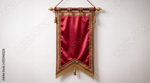 Red Velvet Royal Banner Flag Hanging on Ornamental Gold Pole Frame Template Regal Medieval Pennant Wall Tapestry Isolated on White Background Vector Illustration