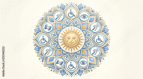 Inclusive accessibility mandala featuring diverse disability awareness symbols arranged within intricate ornate floral geometric art patterns with integrating various accessibility