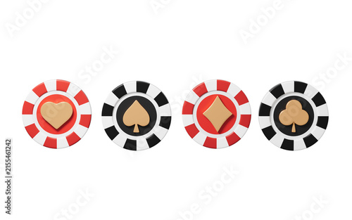 Colorful casino chips and playing cards with dices and golden coins. 3d rendering.