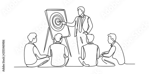 mother and son, Professional Continuous Line Drawing Depicting Businessman Pointing to Target Board in Team Strategy Presentation Meeting