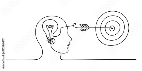 Continuous Line Drawing of Head with Lightbulb Idea Arrow to Target Bullseye Goal Achievement Success Concept Illustration