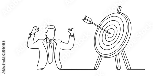 Professional Line Drawing Illustration of Businessman Celebrating Successful Dart Throw into Target Bullseye