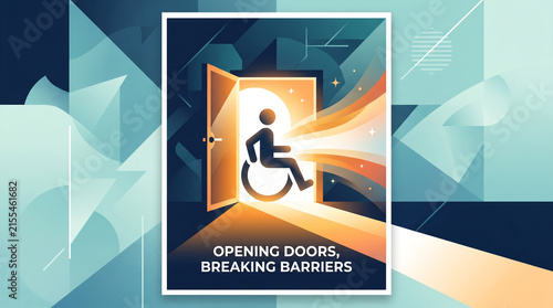 Inclusive accessibility concept featuring a wheelchair user passing through an open doorway towards opportunity with geometric abstract background displays stylized wheelchair