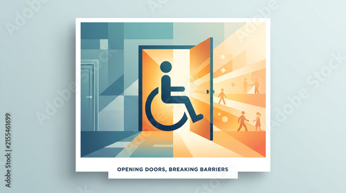 Inclusive access concept featuring a wheelchair symbol moving through an open doorway towards bright light with illustrates wheelchair icon transitioning dark geometric background bright