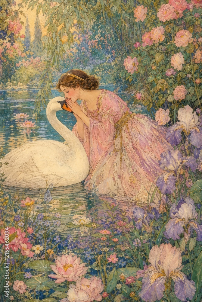 Fototapeta premium Elegant lady with swan in enchanting floral setting.