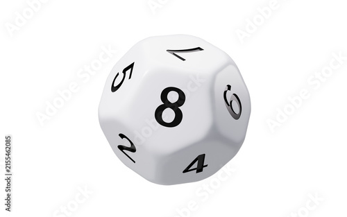 Canvastavla White dodecahedral dice with black numbers on it, 3d rendering.