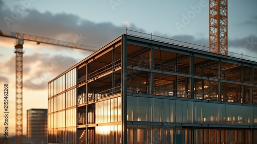 Modern industrial building beside a construction site with a crane, commercial architecture concept, urban development, infrastructure and investment.