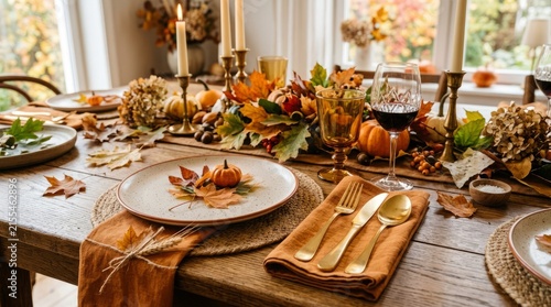 Elegant autumn harvest dinner table setting with seasonal vegetables and bread.