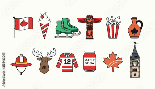 Canadian Symbols Icons Set: Maple Leaf, Flag, Hockey, Moose, Totem