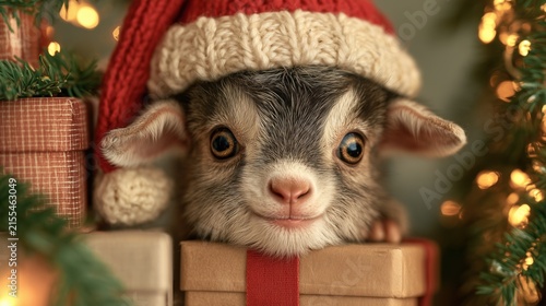 A cute puppy wearing a Santa hat peeks from a cozy festive setting, playful pet character, Christmas, New Year.