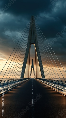 Modern cable bridge extending across the horizon with a roadway beneath, infrastructure and transportation concept, engineering progress, urban connection, travel.