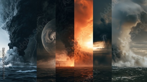 Composite scene of fire, flood and severe storms, representing multiple natural disasters and climate threats, emergency preparedness, environmental risk, disaster awareness.