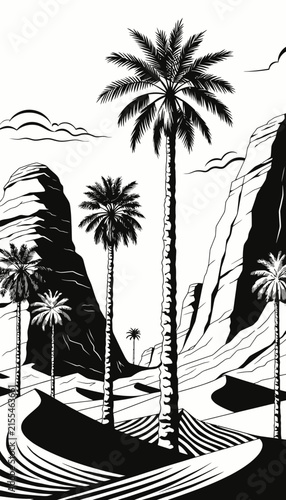 Desert Oasis Landscape with Palm Trees and Rocky Mountains, Black and White