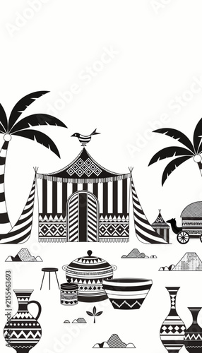 Desert Oasis Tent Camp with Camels and Pottery - Black and White Illustration