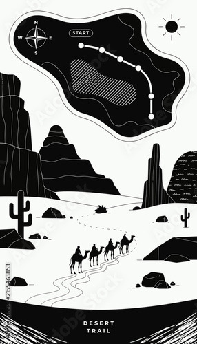 Desert Trail Map with Camels and Compass, Black and White Illustration