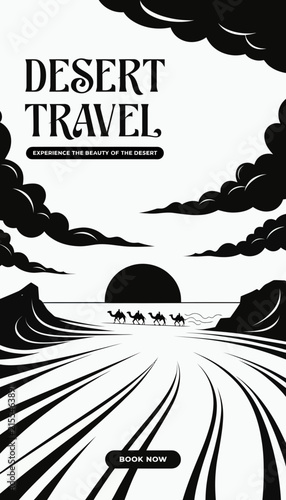 Desert Travel Camels Silhouette Sunset Vintage Style