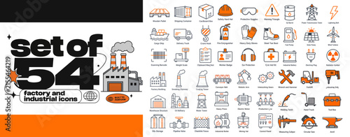 Set of 54 factory and industrial icon designs featuring manufacturing machinery, warehouse logistics, power energy production, and safety equipment vector illustrations