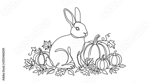 Continuous One Line Drawing of a Rabbit with Autumn Pumpkins and Leaves