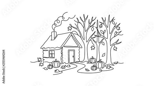 Continuous line drawing of a cozy autumn cabin with pumpkins and bare trees in the woods