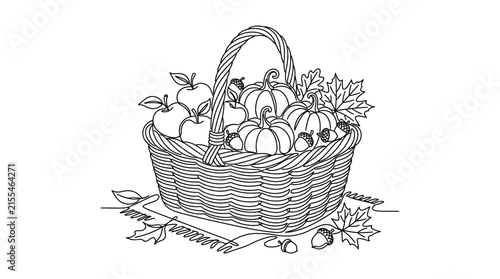Continuous Line Art of Autumn Harvest Basket with Pumpkins Apples and Acorns