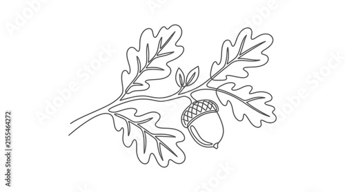 Continuous One Line Drawing of Oak Branch with Acorn and Leaves