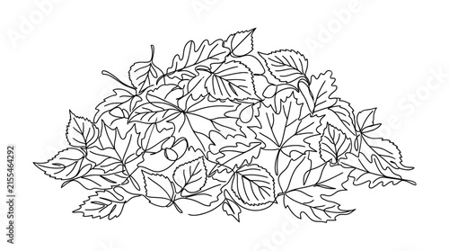Continuous Line Art Drawing of a Pile of Various Autumn Leaves