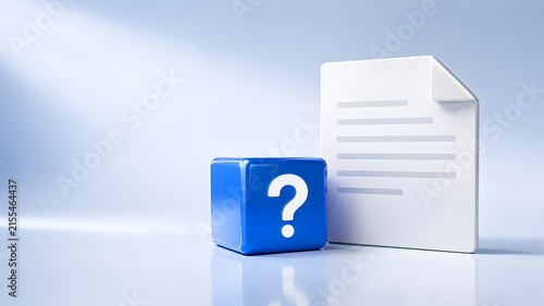 Frequently asked questions FAQ and legal contract clarification with blue question mark block beside blank paper