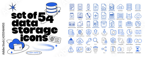 set of 54 data storage icon designs featuring cloud servers, databases, hard drives, and network security vector illustrations