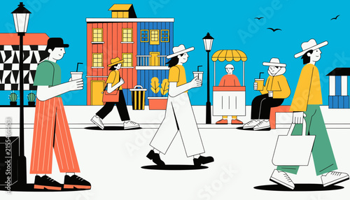Diverse people walking on city street, flat design, vibrant colors, summer day
