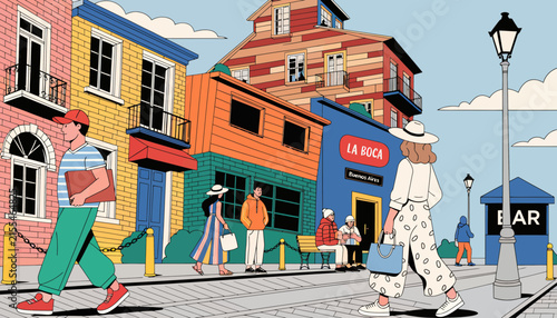 Diverse people walking on colorful street in charming European town illustration