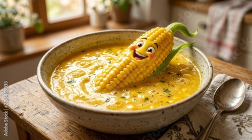 Creamy pumpkin soup served in a rustic ceramic bowl with corn on the cob.