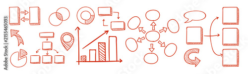 Hand drawn sketch collection of red marker infographic elements featuring business charts, workflow diagrams, and data visualization schemas.