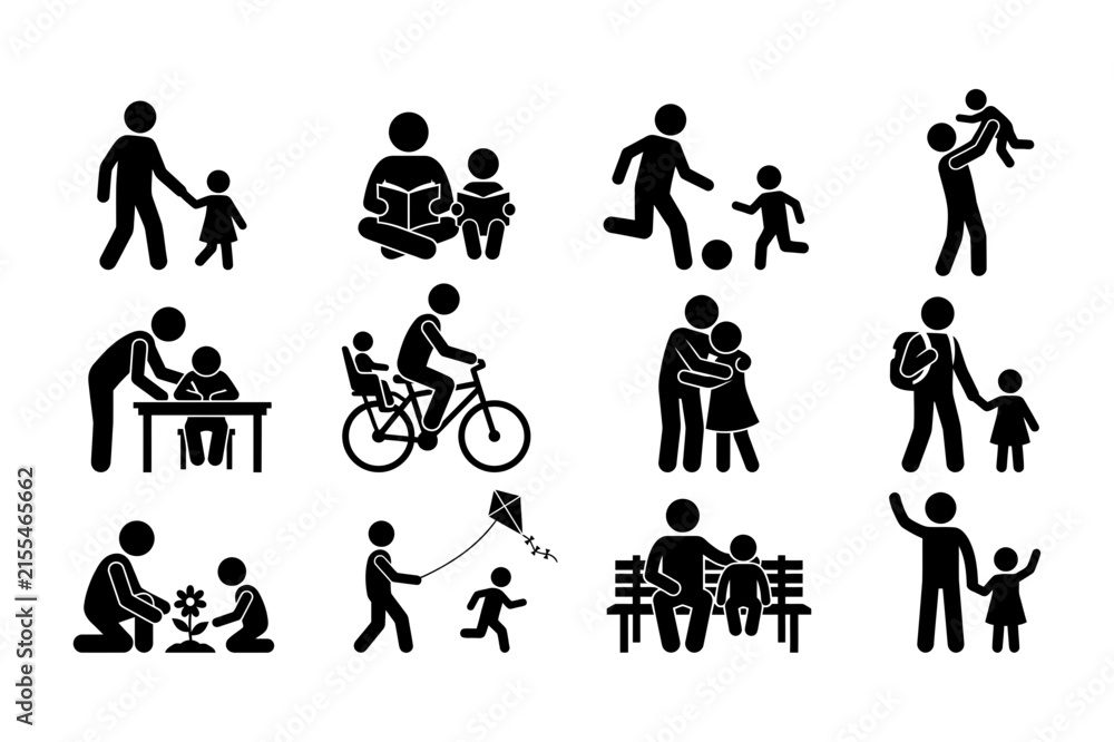 Obraz premium Father and child stick figure icon set featuring family activities