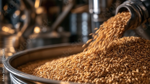 Golden wheat grain pours from a wooden scoop, agricultural food production concept, harvest, farming, natural ingredients, abundance.