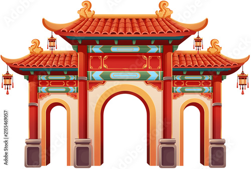 Traditional Chinese Triple Paifang Gate Illustration