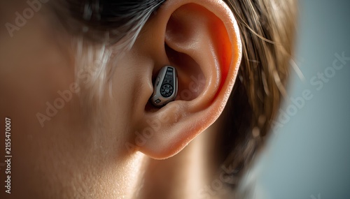Advanced in-ear device enhancing hearing, discreetly placed in the human ear, symbolizing auditory innovation
