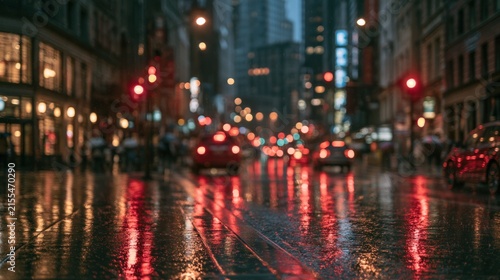 Wet city street at night with car lights reflection