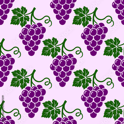Purple grape clusters, green vine leaves, and curly tendrils on a soft pastel pink backdrop. Vibrant repeating fruit pattern ideal for winemaking branding, food packaging, and textile design.