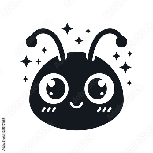 Cute black insect character head with sparkling stars.
