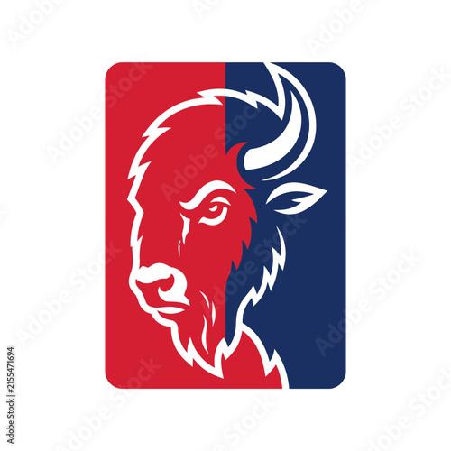 Buffalo head profile mascot in red and blue.